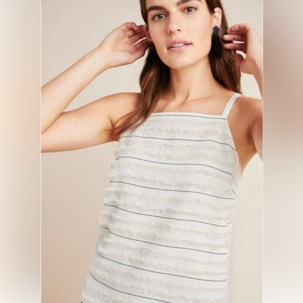 MAEVE Quinn Ivory Striped Textured Fringe Open Back Halter Camisole Tank, Size 0